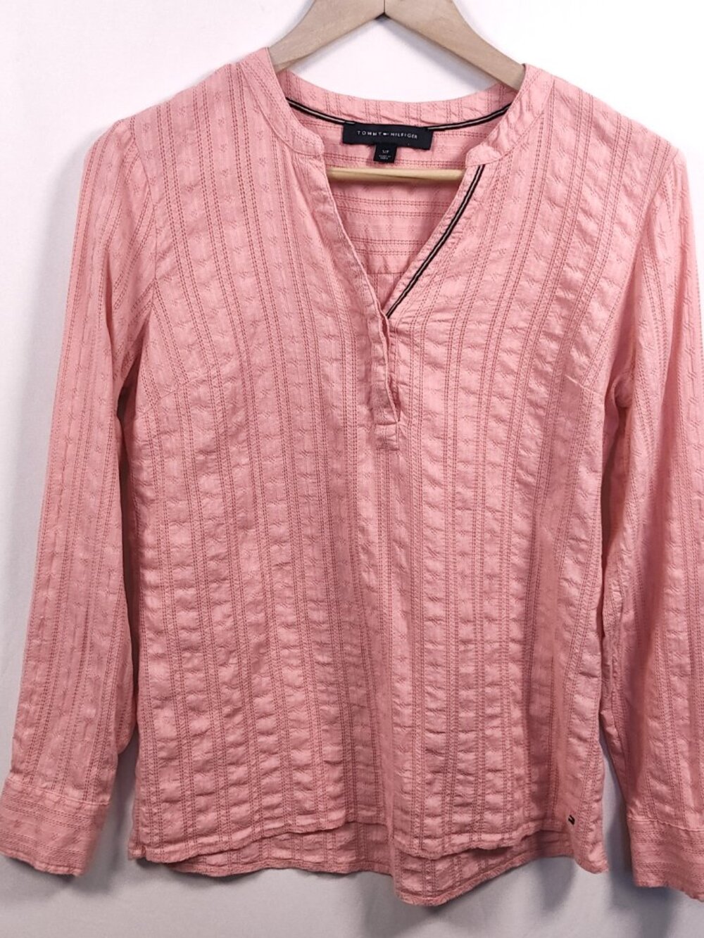 Tommy Hilfiger Henley Blouse Women's Small Pink Roll Tab Sleeve Cotton